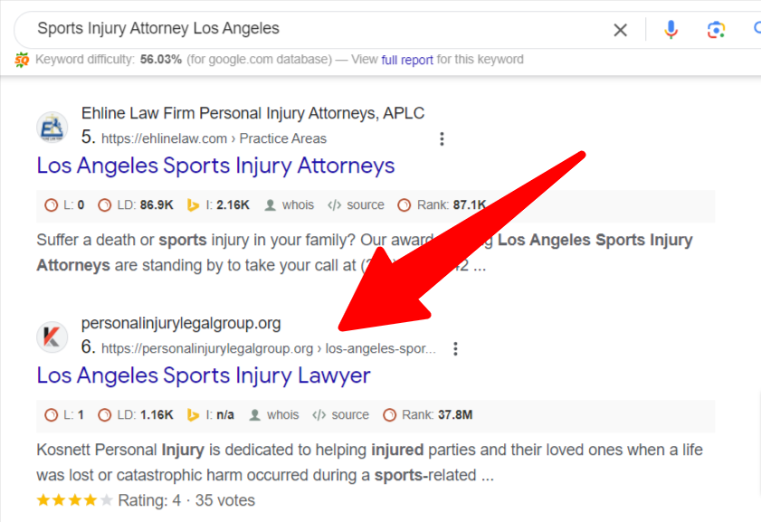 Sports Injury Lawyer on Google Search